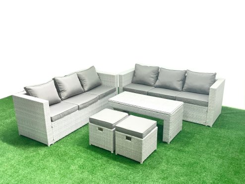 Fimous 8 Seater Garden Outdoor Rattan Furniture Set Rattan Garden Sofa Oblong Coffee Table with 2 Small Footstool Light Grey Mixed
