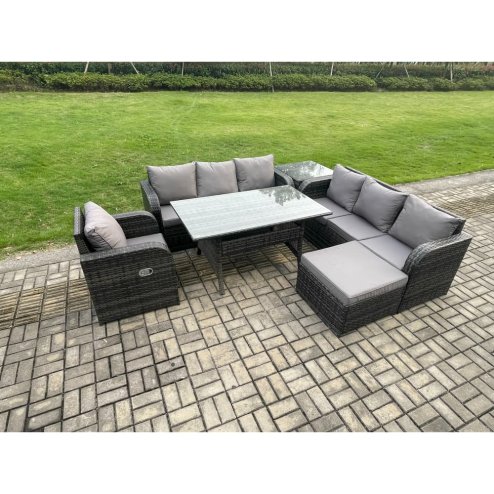 Fimous 8 Seater Rattan Garden Furniture Set Oblong Rectangular Dining Table and Chairs Set with 3 Seater Sofa Big Footstool Side Tables Dark Grey Mixed
