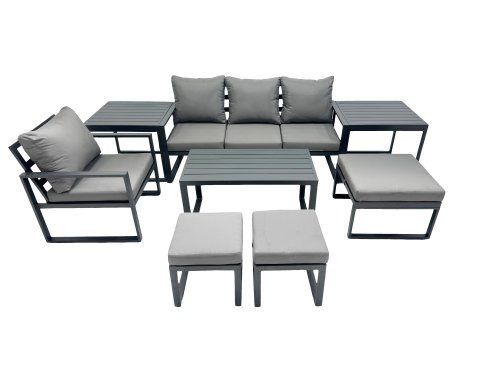 Fimous 7 Seat Outdoor Garden Furniture Set Aluminium Lounge 3 Seat Sofa Oblong Coffee Table Sets with Chair 3 Stools 2 Side Tables Dark Grey