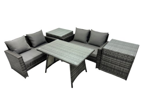 Fimous 4 Seater Wicker PE Rattan Furniture Outdoor Dining Table Double Seat Sofa 2 Side Table Set Dark Grey Mixed