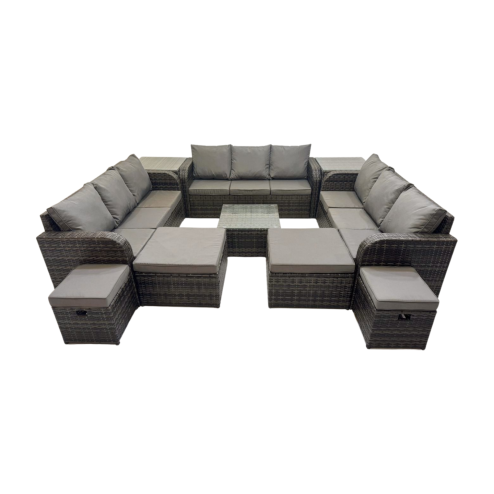 Fimous Rattan Garden Outdoor Furniture Set 3 Seater Sofa Square Coffee Table Set with 4 Stools 2 Side Table Dark Grey Mixed