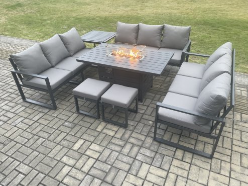 Fimous Aluminium 11 Seater Garden Furniture Outdoor Set Patio Lounge Sofa Gas Fire Pit Dining Table Set with 2 Small Footstools Side Table Dark Grey