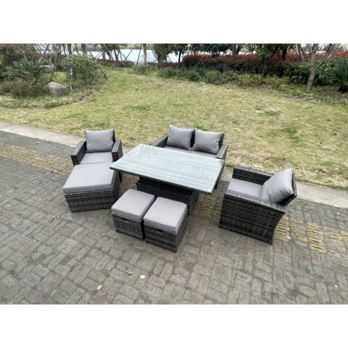 Fimous Rattan Outdoor Furniture Adjustable Rising Lifting Rectangle Dining Table Chairs Two Seater Love Sofa Sets 3 Footstools 7 Seater