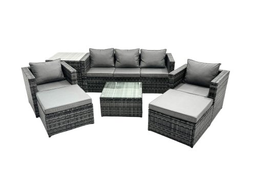 Fimous Outdoor Rattan Garden Furniture Set 7 Seater Patio Lounge Sofa Set with Armchair Square Coffee Table Side Table 2 Big Footstool Dark Grey Mixed