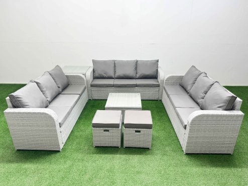 Fimous PE Rattan Lounge Sofa Set 11 Seater Outdoor Garden Furniture Set with Square Coffee Table 3 Seater Sofa 2 Stools Side Table Light Grey