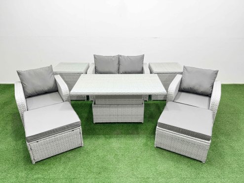 Fimous Light Grey PE Wicker Rattan Garden Furniture Set Sofa Set Reclining Chair Adjustable Lifting Dining or Coffee Table 6 Seater 2 Big Stools 2 Side Table
