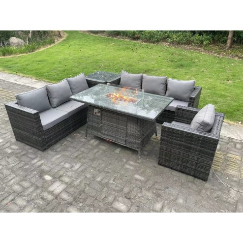 Fimous 7 Seater Rattan Garden Furniture Sofa Set Outdoor Patio Gas Fire Pit Dining Table Gas Heater Burner With Armchair Side Table Dark Grey Mixed