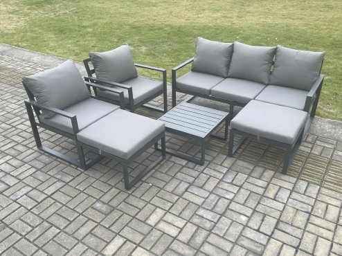 Fimous Aluminium Outdoor Lounge Sofa Set Garden Furniture Sets with Square Coffee Table 2 Chairs 2 Big Footstools Dark Grey 7 Seater