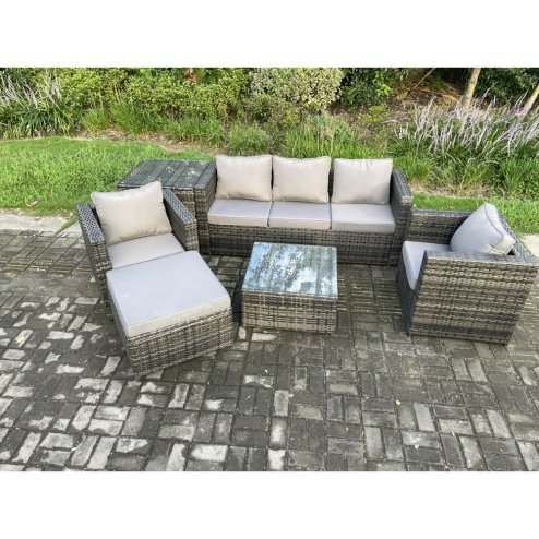 Fimous 6 Seater Outdoor Lounge Sofa Set Wicker PE Rattan Garden Furniture Set with Armchair Square Coffee Table Big Footstool Dark Grey Mixed