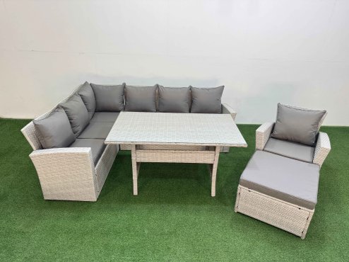 Fimous 8 Seater Rattan Garden Furniture Set Outdoor Patio Dining Corner Sofa Sets with Dining Table Chair Big Footstool Light Grey Mixed