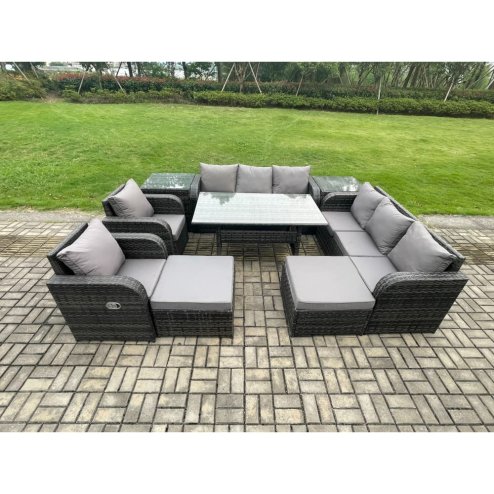 Fimous 10 Seater Rattan Garden Furniture Set Oblong Rectangular Dining Table and Chairs Set with 3 Seater Sofa 2 Big Footstool 2 Side Tables Dark Grey Mixed