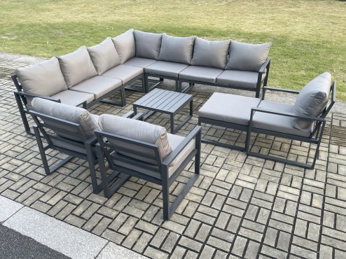 Fimous Outdoor Garden Furniture Patio Lounge Corner Sofa Aluminium Set with Square Coffee Table Big Footstool 3 Chair Dark Grey