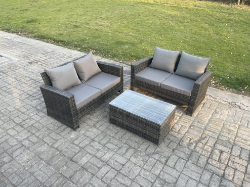Fimous Wicker Rattan Garden Furniture Sofa Set with Rectangular Coffee Table Double Seat Sofa 4 Seater Outdoor Rattan Set Dark Grey Mixed