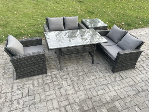 Fimous Wicker Rattan Garden Dining Set Outdoor Furniture Sofa with Dining Table Double Seat Sofa Side Table Dark Grey Mixed