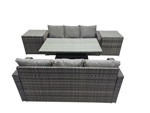 Fimous Rattan Garden Furniture Dining Set 6-seater Patio Height Adjustable Rising Lifting Table Sofa Set with 2 Side Table Dark Grey Mixed
