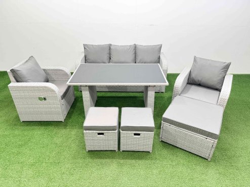 Fimous Outdoor Rattan Garden Furniture Dining Set 8-seater Patio Rectangular Table 3 Seater Sofa Reclining Chair Set with 3 Stools