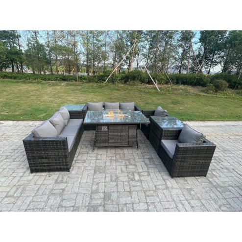 Fimous Outdoor Rattan Garden Furniture Gas Fire Pit Dining Table Sets Gas Heater Lounge Chairs Side Tables Dark Mixed Grey 8 Seater