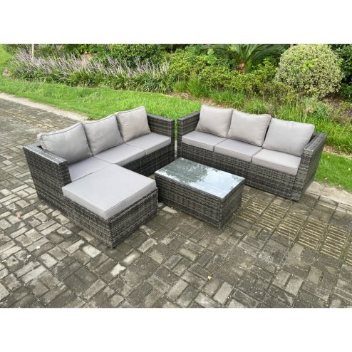 Fimous 7 Seater Rattan Garden Furniture Set Outdoor Patio Sofa Set with Oblong Coffee Table Big Footstool Dark Grey Mixed