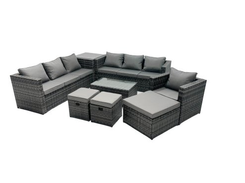 Fimous Rattan Garden Furniture Dining Set 10-seater Patio Coffee Table Sofa Set with 3 Stools Side Table Dark Grey Mixed