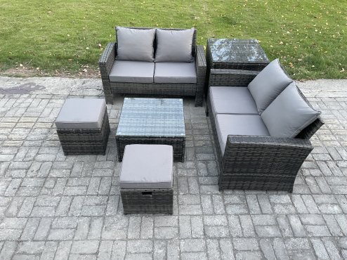 Fimous Rattan Garden Furniture Set 6 piece Patio Rattan Furniture Sofa Weaving Wicker includes 2 Double Seat Sofa, Coffee Table, 2 Small Footstools and Side Table
