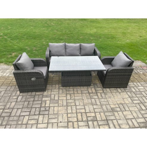 Fimous Rattan Outdoor Garden Furniture Sets Height Adjustable Rising lifting Dining Table Lounge Sofa Set With Reclining Chair Dark Grey Mixed