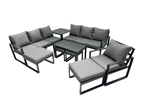 Fimous Outdoor Garden Furniture Set Aluminium Lounge 3 Seat Sofa Oblong Coffee Table Sets with Chair 4 Stools Side Table Dark Grey