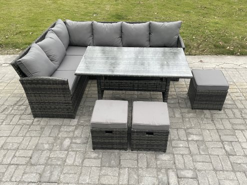Fimous Outdoor Rattan Garden Furniture Corner Sofa Set with Rectangular Dining Table 3 Small Footstools Patio Wicker Rattan Set Dark Grey Mixed