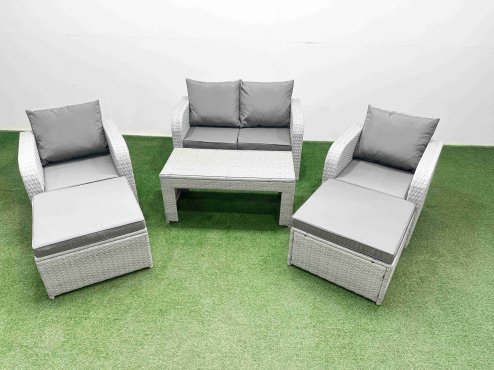 Fimous Light Grey PE Wicker Rattan Garden Furniture Set Sofa Set Reclining Adjustable Chair Oblong Coffee Table 6 Seater 2 Big Stools