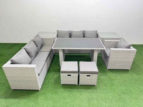 Fimous Patio Garden Furniture Sets with Black Glass Top Dining Table 3 Seater Sofa Armchair 2 Side Tables 2 Small Stool Light Grey