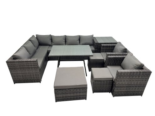 Fimous 11-seater Outdoor PE Rattan Sofa Set with Dining Table Patio Garden Furniture Sets with 2 Chair 3 Stools Side Table Dark Grey Mixed