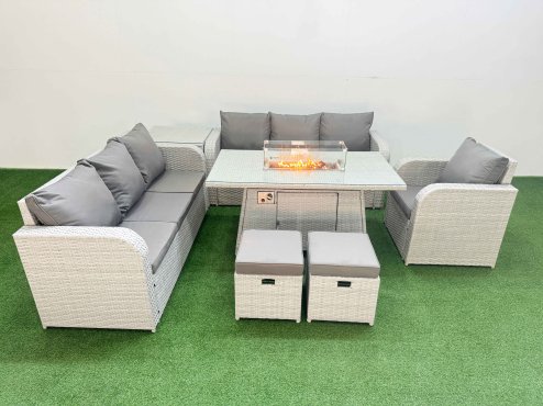 Fimous 9 Seater Poly Rattan Outdoor Garden Furniture Firepit Dining Table Sofa Set Patio 3 Seater Sofa Reclining Chair 3 Seater Sofa Stools Side Table Light Grey