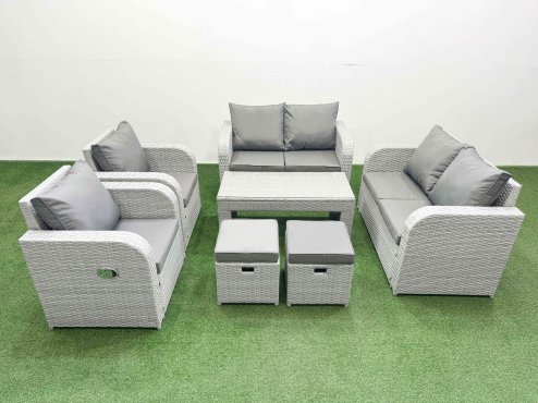 Fimous 8 Seater Outdoor Reclining Chair Love Sofa Set Rattan Garden Furniture Set with Oblong Coffee Table 2 Stools Light Grey