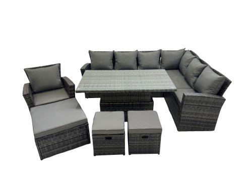 Fimous 10 Seat Rattan Garden Furniture Corner Sofa Set Outdoor Adjustable Lifting Dining or Coffee Table Set with 3 Footstools Dark Grey Mixed