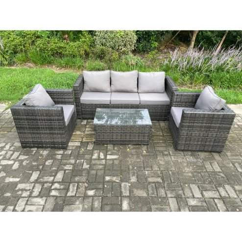 Fimous 5 Seater Outdoor Lounge Sofa Set Wicker PE Rattan Garden Furniture Set with 2 Armchair Oblong Coffee Table Dark Grey Mixed
