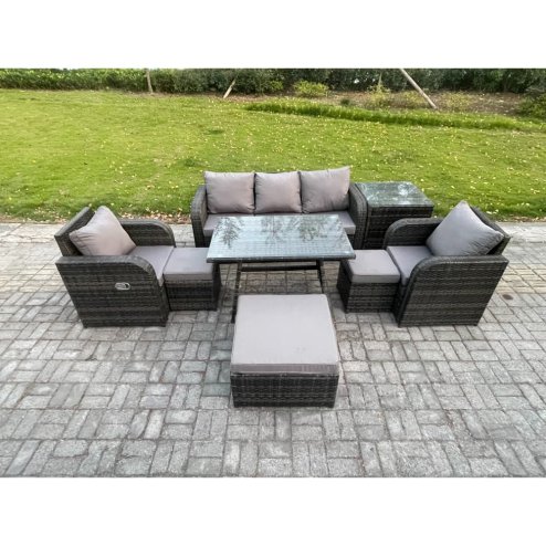 Fimous 8 Seater Rattan Wicker Garden Furniture Patio Conservatory Sofa Set with Rectangular Dining Table Reclining Chair 3 Seater Sofa 3 Footstools Side Table