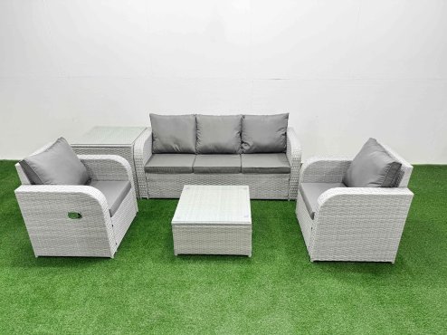 Fimous PE Rattan Garden Furniture Set Reclining Chair Sofa Lounge Sofa Set Square Coffee Table Side Table Light Grey