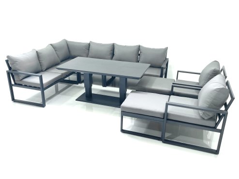 Fimous Aluminum Outdoor Garden Furniture Set Corner Sofa 2 Chair 2 Big Footstools Adjustable Rising Lifting Dining Table Sets Dark Grey