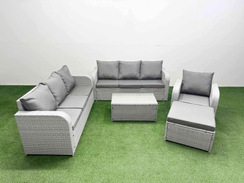 Fimous 8 Seater Poly Rattan Outdoor Garden Furniture Sofa Set Patio 3 Seater Sofa Reclining Chair 3 Seater Sofa Big Footstool Light Grey