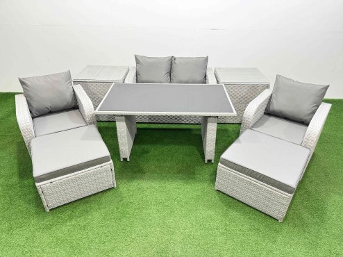 Fimous Outdoor Rattan Garden Furniture Dining Set 6-seater Patio Rectangular Table Love Sofa Reclining Chair Set with 2 Side Tables 2 Big Stools