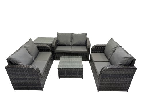 Fimous Rattan Garden Outdoor Furniture Set Love Sofa Square Coffee Table Set with Side Table Dark Grey Mixed
