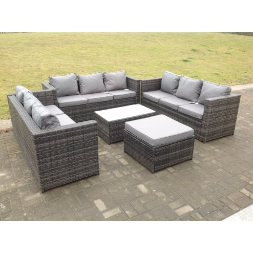 Fimous Outdoor Rattan Garden Furniture Lounge Sofa Set With Oblong Coffee Table With Big Footstool