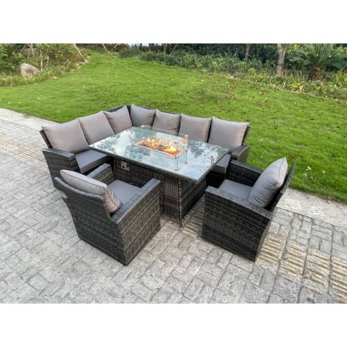 Fimous Outdoor Rattan Corner Sofa Garden Furniture High Back Sofa Set Gas Fire Pit Dining Table Gas Heater Burner 2 Arm Chair 8 Seater