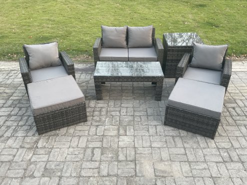 Fimous 7 PCS Outdoor Lounge Sofa Set Wicker PE Rattan Garden Furniture Set with Rectangular Coffee Table Armchair 2 Big Footstool Side Table Dark Grey Mixed
