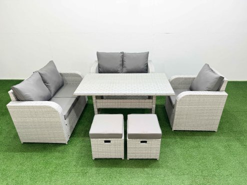 Fimous High Back Poly Rattan Garden Furniture Set with Reclining Chair Loveseat Sofa Rectangular Dining Table Indoor Outdoor Patio Set 2 Stool Light Grey