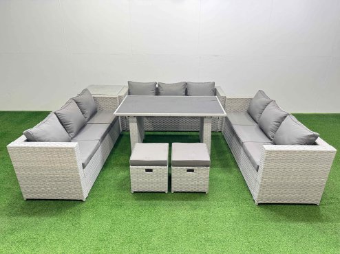 Fimous Patio Outdoor Garden Furniture Sets with Black Glass Top Dining Table 3 Seater Sofa Side Table 2 Small Stool Light Grey