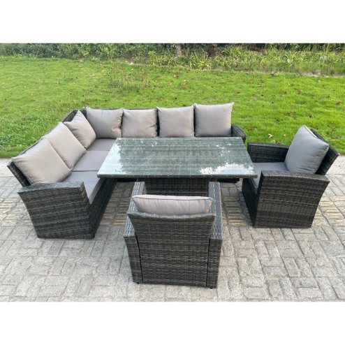 Fimous High Back PE Rattan Corner Sofa Set Garden Furniture Adjustable Rising Lifting Table Set With 2 Armchair
