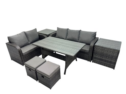 Fimous 7 Seat Outdoor Wicker PE Rattan Garden Furniture Set Dining Table Sofa Sets with 2 Side Tables Small Stool Dark Grey Mixed