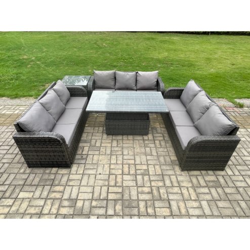 Fimous Patio Garden Dining Set Outdoor Rattan Furniture Lounge Sofa Height Adjustable Rising lifting Table With Side Table Dark Grey Mixed