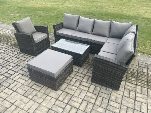 Fimous 8 Seater High Back Outdoor Garden Furniture Set Rattan Corner Sofa Set With Rectangular Coffee Table Big Footstool Armchair Dark Grey Mixed