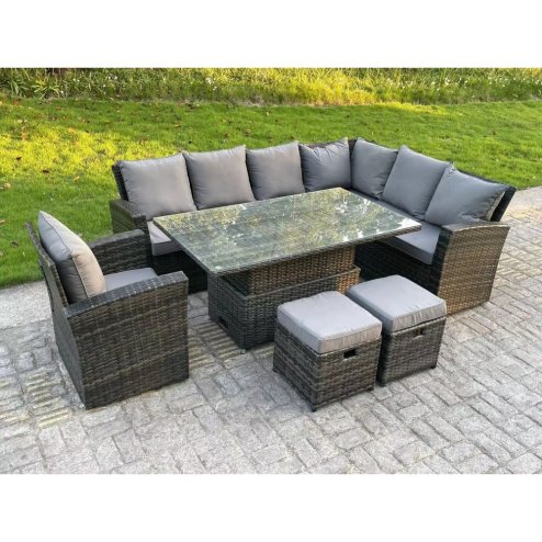 Fimous High Back Rattan Garden Furniture Corner Sofa Sets Adjustable Rising Table Dark Mixed Grey 9 seater right corner